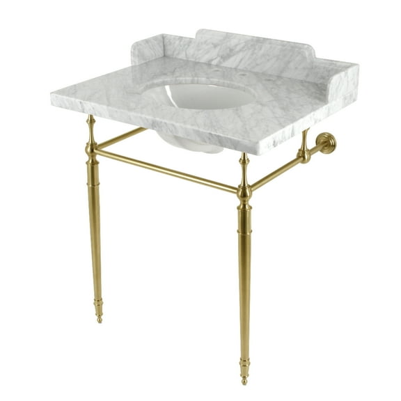 Kingston Brass LMS3022M87 Habsburg 30" Carrara Marble Console Sink with Brass Legs (8-Inch, 3-Hole), Carrara Marble White/Brushed Brass