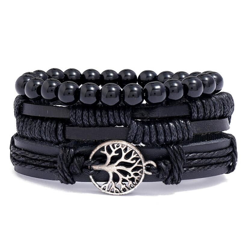 Junsice Genuine Leather Tree Of Life Bracelets Men Women Tiger Eye Natural Stone Lava Rock Beads Ethnic Tribal Elastic Bracelets Wristbands black