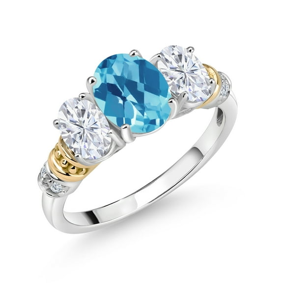 Gem Stone King 925 Sterling Silver and 10K Yellow Gold Oval Swiss Blue Topaz White Moissanite and White Diamond 3 Stone Ring for Women (2.33 Cttw, Gemstone November Birthstone, Size 8)