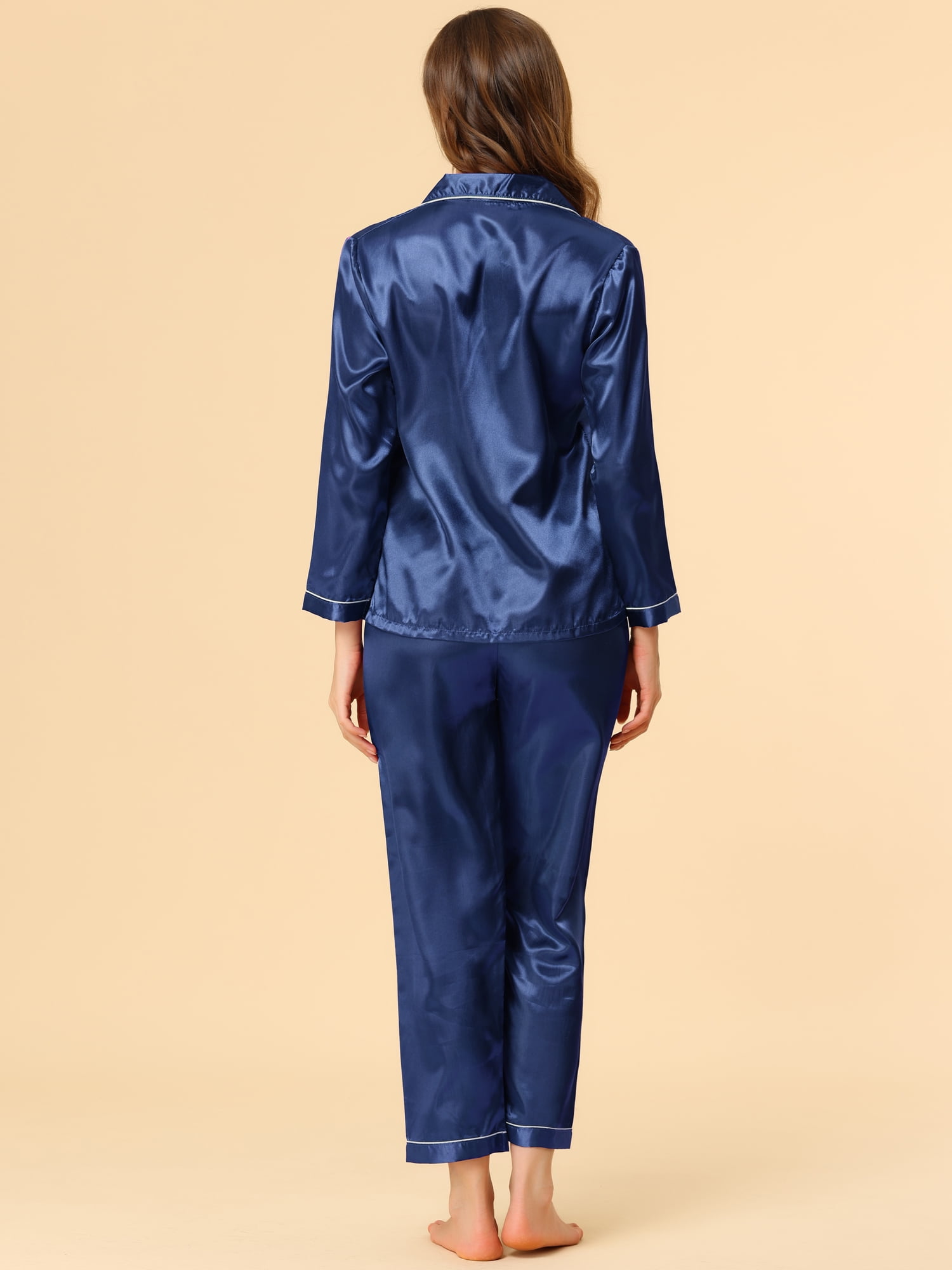 Unique Bargains Women's Satin 2pc Loungewear Button Down Silky Pajama Sleepwear Sets