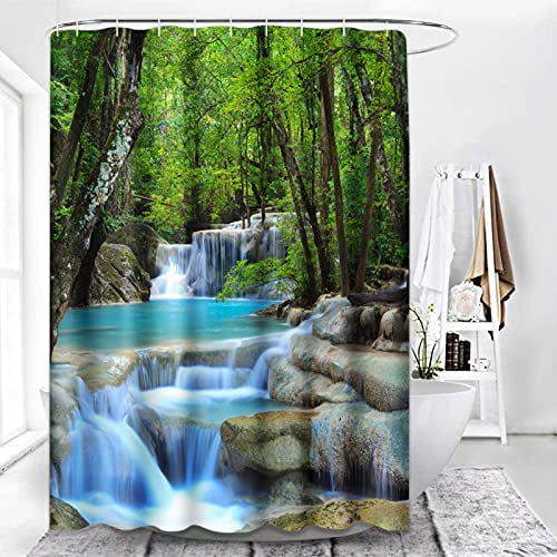 Nature Waterfall Bathroom Waterproof Mildew Fabric Shower Curtain Sets 12 Hooks 