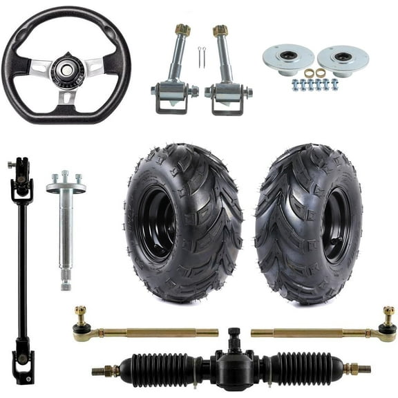 145/70-6 Go Kart Wheels Tires 3 Lug and Steering Spindle Wheel Hubs & Go Cart Steering Assembly Kit & Steering Wheel, Gear Rack Pinion Tie Rod Shaft,Front Axle Kit for Drift Trike ATV Quad
