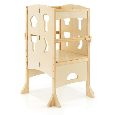 YYAo Child Standing Tower Learning Stool,Folding Wooden Step Stool with Lockable Safety Rail for Toddler 3 -Natural