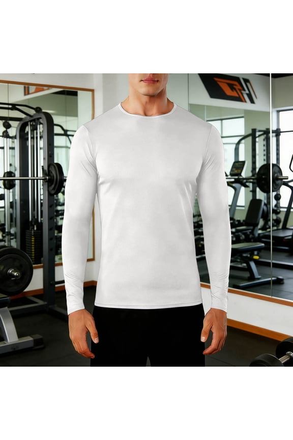 Men's Solid Color Long Sleeve Round Neck Tight Fit Base Layer Top Mesh Breathable Stretchy Fitness Cycling Shirt White Gifts for Father 1X