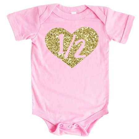 

Half Birthday Bodysuit Girls 1/2 in Heart Birthday Glitter Gold Outfit for Baby Girls Gold on Pink Bodysuit