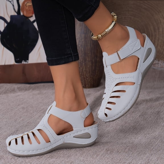 Womens Comfort Wedge Sandals - Perforated Closed toe Adjustable Strap Summer Shoes Gray 43