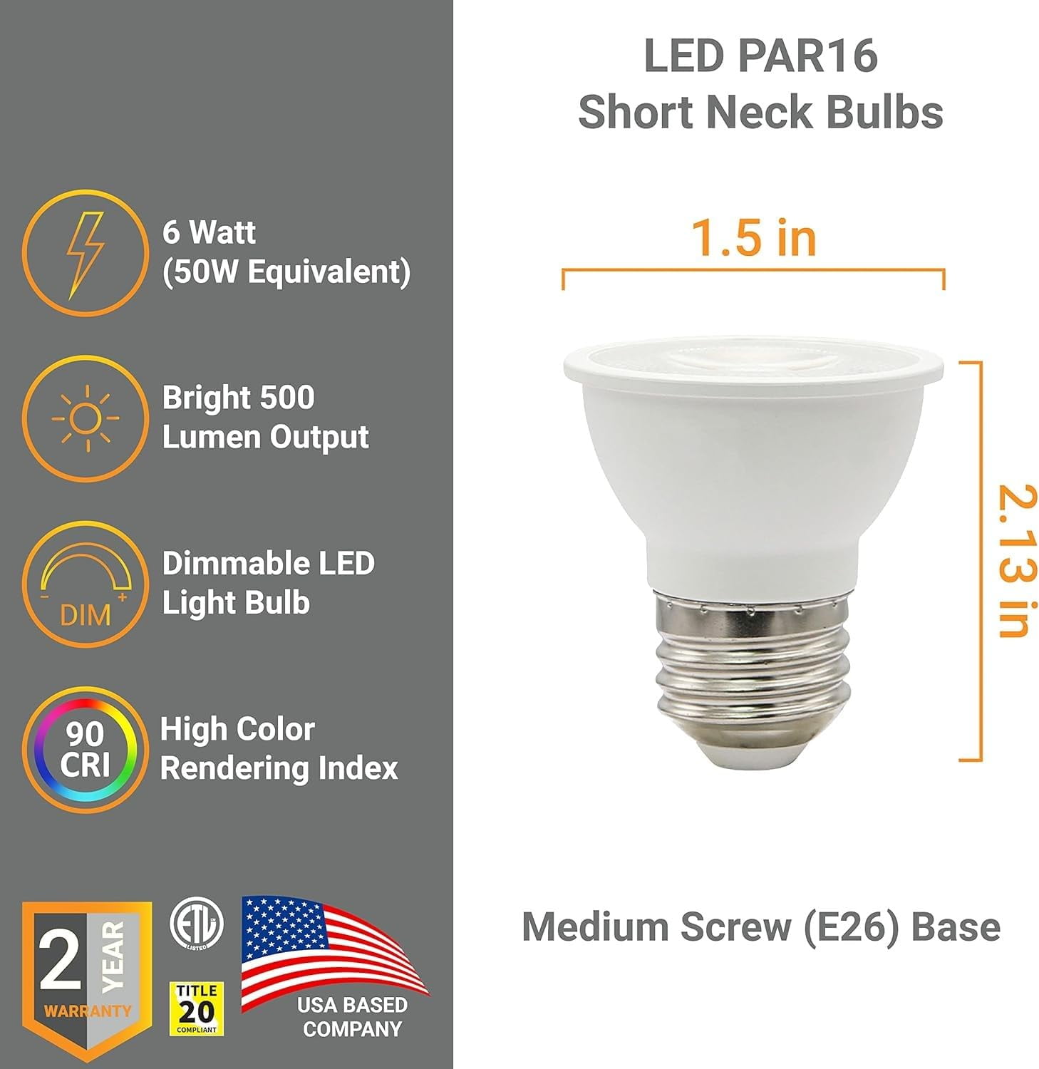 Diodesy- Pack of 6 MR16/LED/6W/950 MR16 Led Short Neck Recessed Flood Light Bulb, 6-Watt (50W Halogen Replacement), Dimmable, 5000K Bright White, 500LM, Spotlight for Outdoor Landscape, Tracking Light