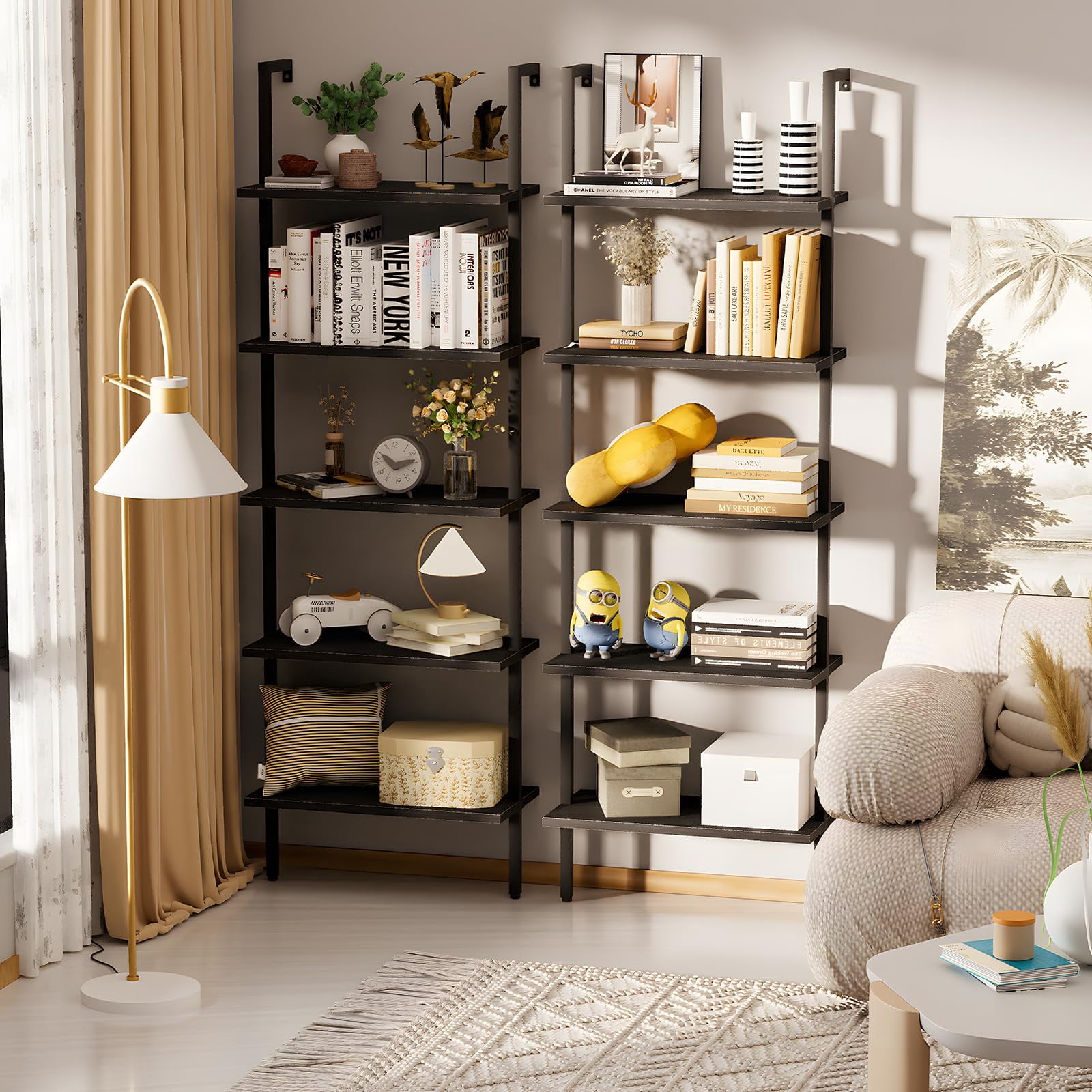 Ladder Shelf Open 5-Tier Bookshelf Wall-Mounted Black Wood Bookcase Storage Rack Open Industrial Modern Plant Stand Utility Organizer Bookcase Metal Frame Furniture Office Bedroom