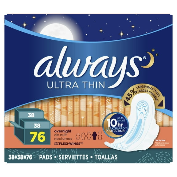 Always Ultra Thin Overnight Pads, Unscented, Size 4, 76 Ct