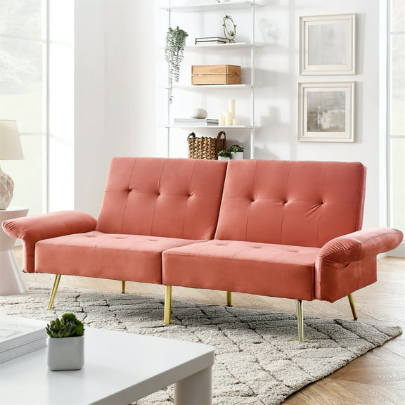 Aukfa Adjustable Arm Futon Convertible Sofa Bed Velvet Sleeper Couch for Home Office, Pink