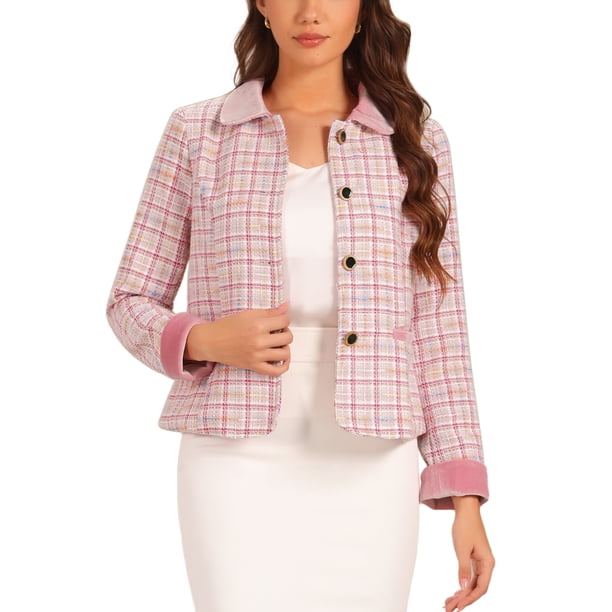 BLAZER DE TWEED A CUADROS DE VELVET CON COLLAR ELEGANTE PARA MUJERES CHIC M ROSA
