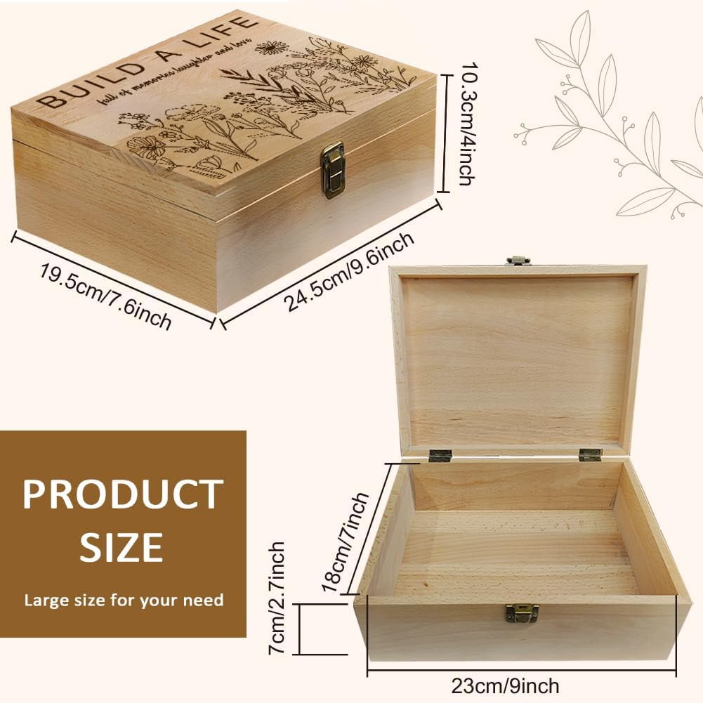 1 Pc Wood Memory Keepsake Box Line Wildflowers Build a Life Memory Box with Hinged Lids Laughter and Love Keepsake Chest for Picture Letter Storage 9.6x7.6x4inch(24.5x19.5x10.3cm)