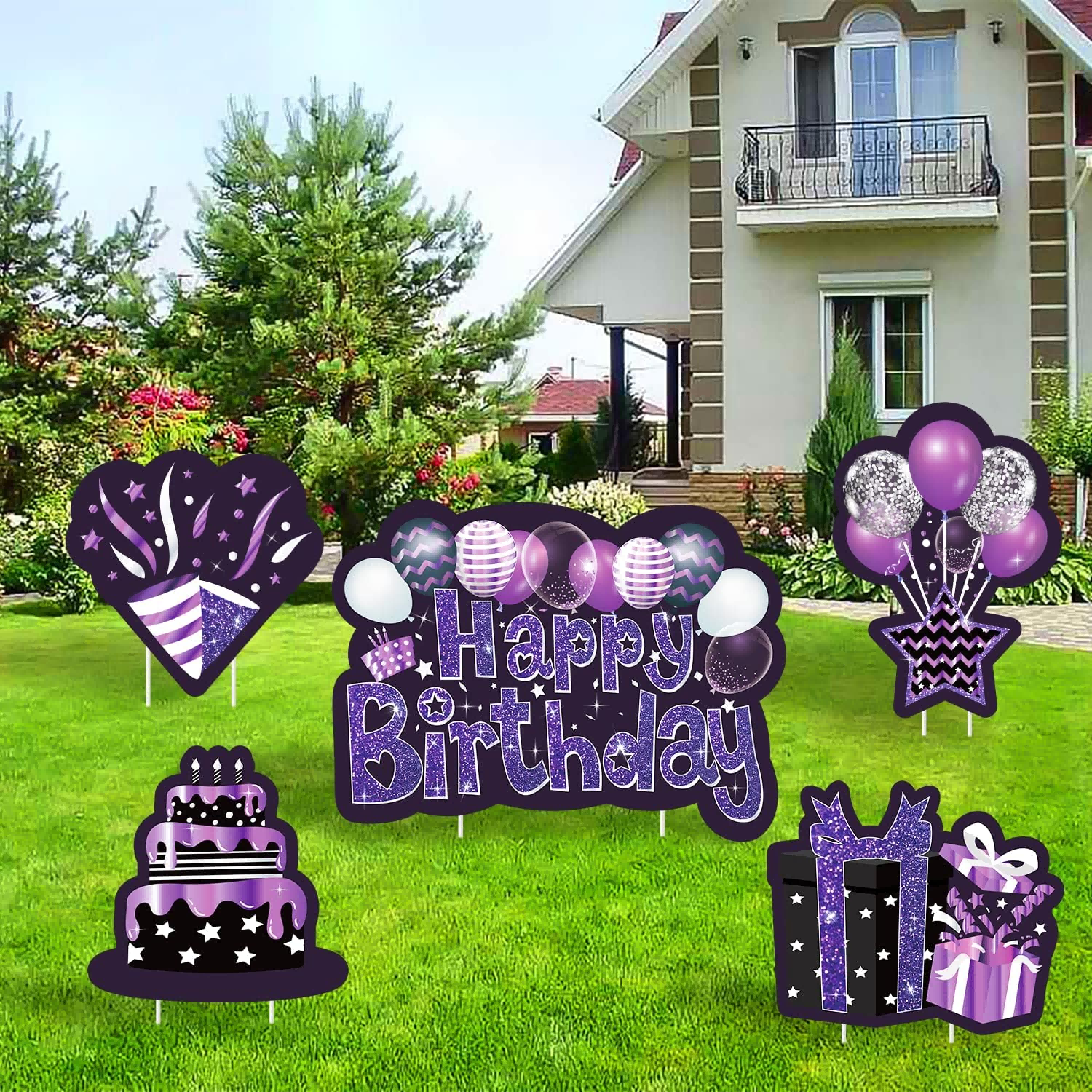 Black Purple Happy Birthday Yard Signs with Stakes,Glittery Lawn Sign for Birthday Party Decoration,5pcs