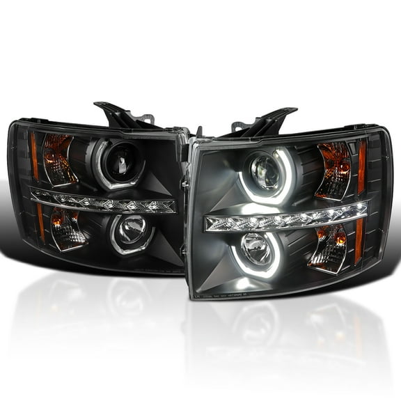 Spec-D Tuning Black Halo Projector Headlights w/ LED Compatible with 2007-2013 Chevy Silverado 1500, 2007-2014 Chevy Silverado 2500HD/3500HD, Left Right Pair Headlamps Assembly