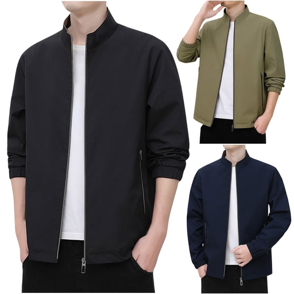 Danhjin Jackets for Men Full Zipper Business Casual Elegant Outwear Fall Winter Solid Color Comfy Long Sleeve Stand Color Coats