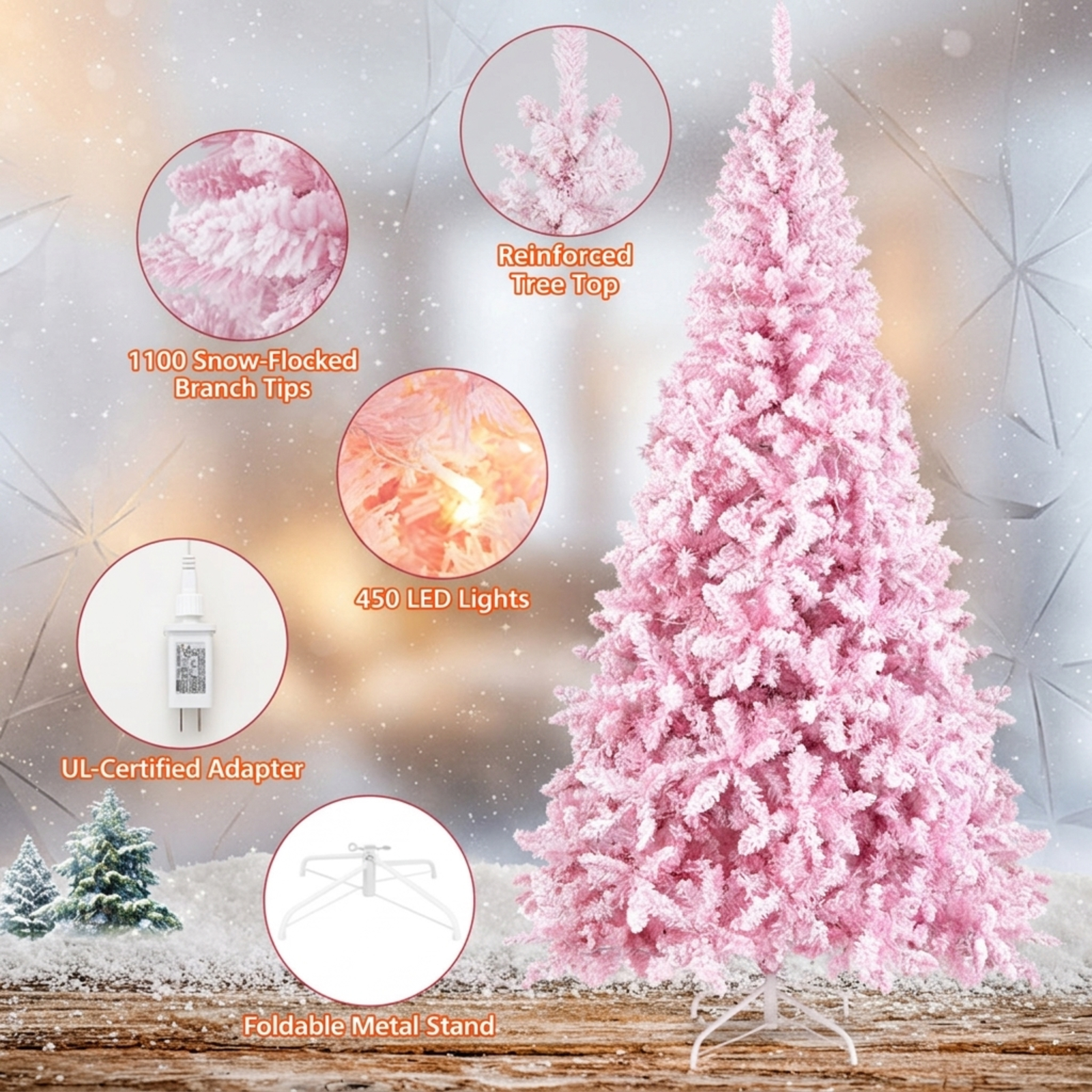 RUIE 7.5 ft Pink Flocked Christmas Tree, Pre-Lit Artificial Xmas Tree with 450 LED Lights and 1100 Branch Tips for Holiday Decor