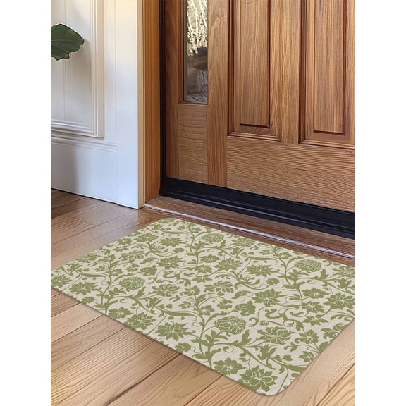Green Floral Door Mat Indoor Outdoor Entrance, Non Slip Small Rug for Kitchen Bathroom Entryway Rug, Vintage Rustic Botanical Spring Washable Doormat Floor Mat for Office Home Decor 16x24 Inch