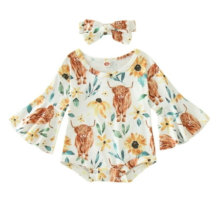 

Toddler Girls Outfits Holiday Outfits Winter Long Sleeve Green Grass Cow Prints Romper With Headband 2Pcs Set Fall Girls Clothings 0 Months-6 Months