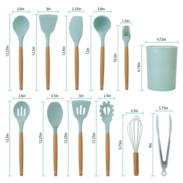 11Pcs Silicone Cooking Utensil Set Heat Resist Wooden Handle Silicone Spatula Ladle Spaghetti Server Tongs Spoon Egg whisk Kitchenware Set w/ Holder