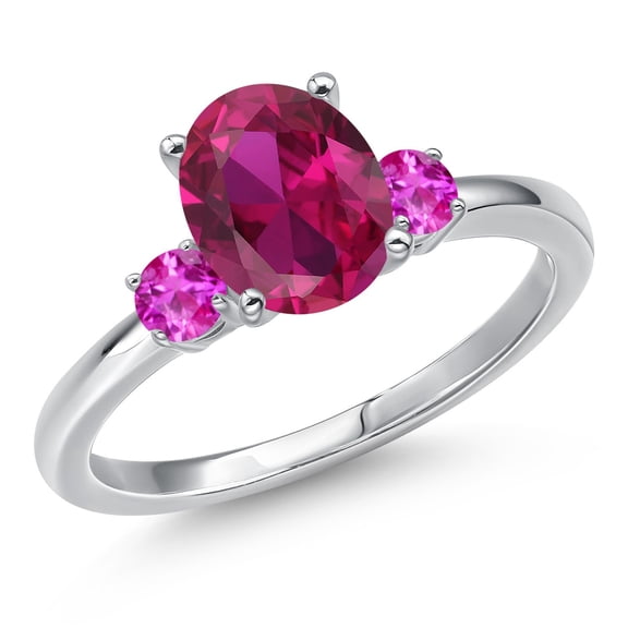 Gem Stone King 14K White Gold Red Created Ruby and Pink Sapphire Engagement Ring for Women | 2.27 Cttw | Oval 9X7MM | Gemstone July Birthstone | Size 6