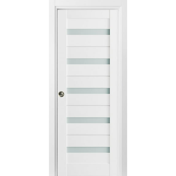 Sliding French Pocket Door 36 x 84 inches with Frosted Glass | Quadro 4445 White Silk | Kit Trims Rail Hardware | Solid Wood Interior Bedroom Sturdy Doors