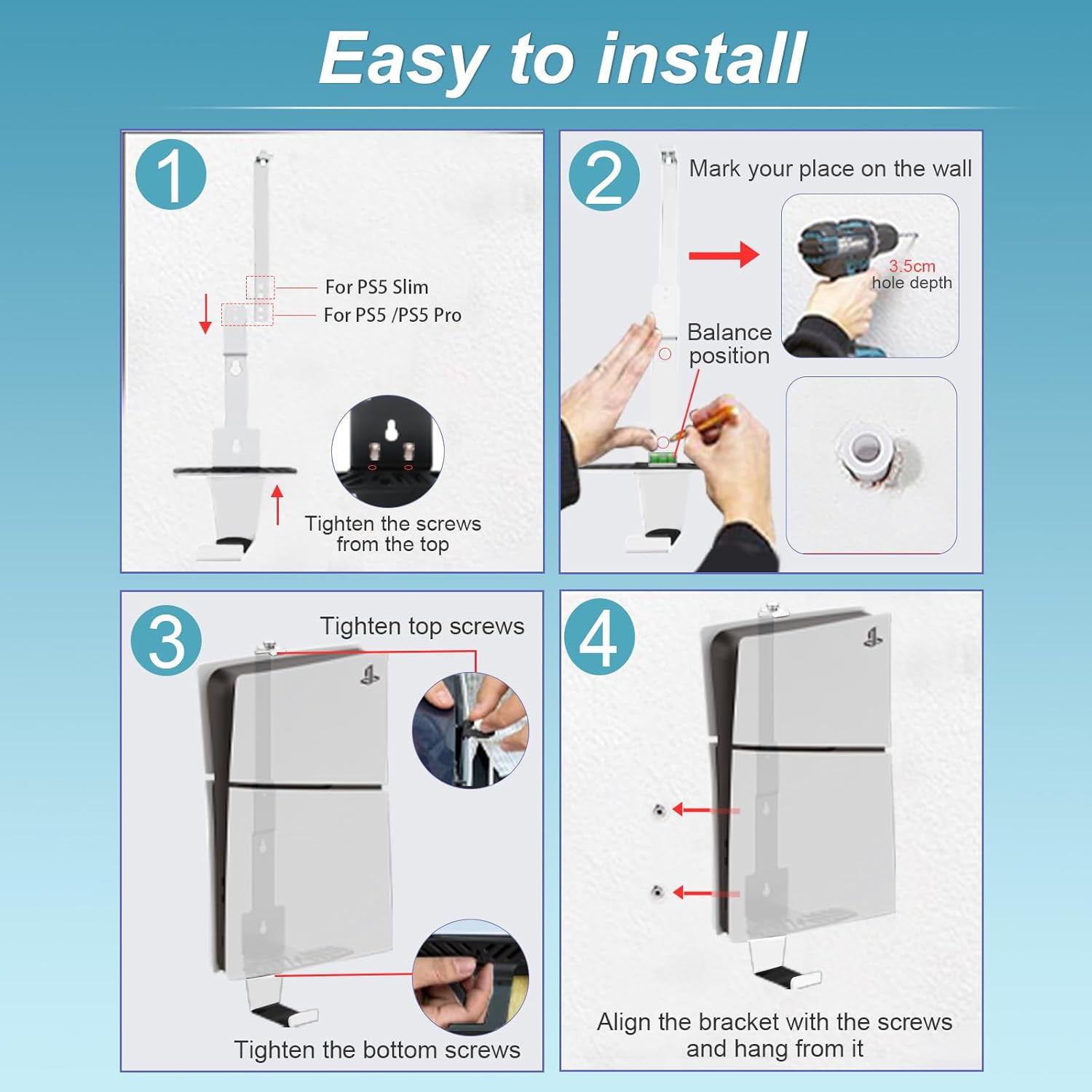 PS5 Wall Mount, Heavy-Duty Steel Mount Kit for Protection & Cooling with 2 Controller Holder and Headset Holder,Compatible with All PS5 Models Including Slim, Pro, Original, White