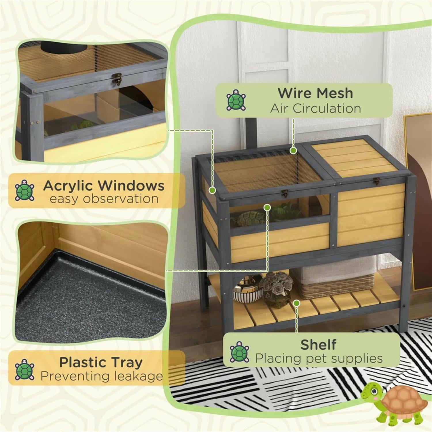 Kadyn 40.5" Wooden Tortoise House with Lamp Holder, Shelf Storage, Reptile Cage Enclosure for Turtles, Lizards, Snakes, Small Animal Habitats, Yellow