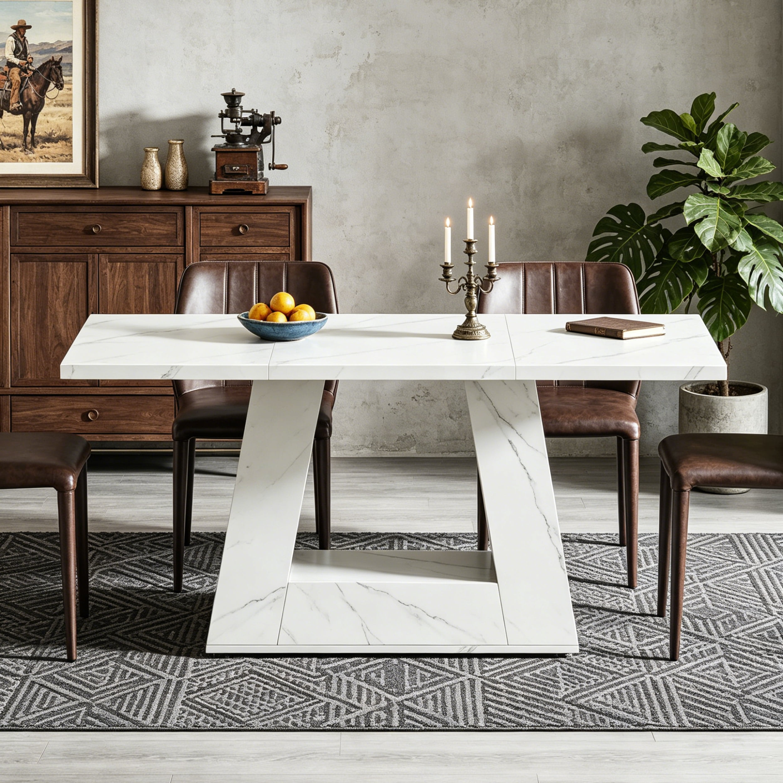 Fnova 63" Modern Long Dining Table for 6 people, Rectangular Geometric Artificial Marble Kitchen Table for Dining Room, White
