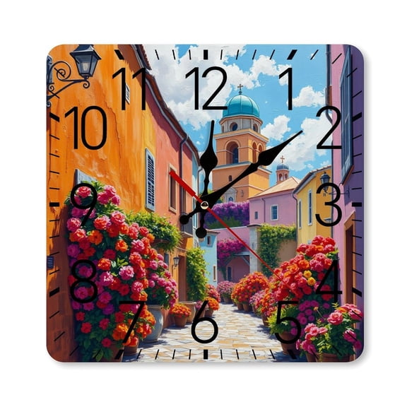 RKSupls 10×10inch Square Silent Wall Clock Wooden Frame, European Town Flowers Scale Decorative Clock for Home Bedroom Living Room Office