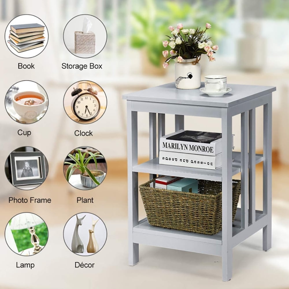 Finihen End Side Table, Nightstand, 2 Pieces 3-Tier Nightstand with Reinforced Bars and Stable Structure, Sofa Side Table, Bed Side Table, for Living Room, Bedroom, Gray Finihen End Side Table, Nightstand, 2 Pieces 3-Tier Nightstand with Reinforced Bars and Stable Structure, Sofa Side Table, Bed Side Table, for Living Room, Bedroom, Gray