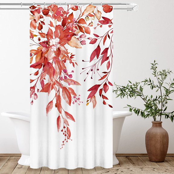 Red Eucalyptus Shower Curtain Sets, Watercolor Burgundy Leaves on The Top Plant with Floral Bathroom Decoration 36x72 Inch with Hooks
