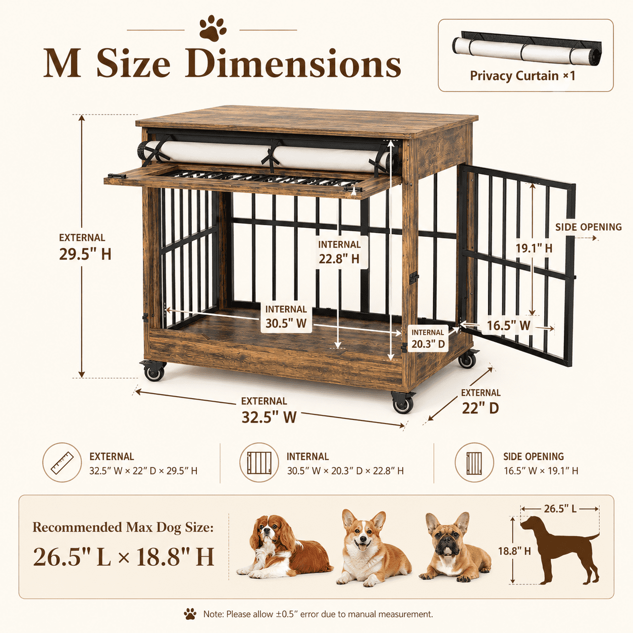 Aukfa 32.5-Inch Large Dog Crate Furniture, Indoor Dog Kennel Decorative Pet Cage End Table, Lift-Up Door, Curtain & Wheels,Rustic Brown