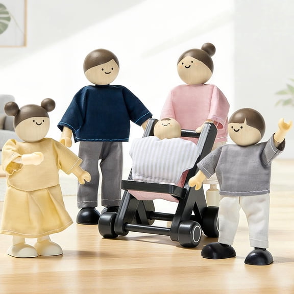 Tiny Land Wooden Dollhouse People Set, 5-Piece Poseable Wooden Doll Family with Dad, Mom, Brother, Sister, Baby, and Stroller, Pretend Play Dollhouse Accessory for Kids Ages 3 