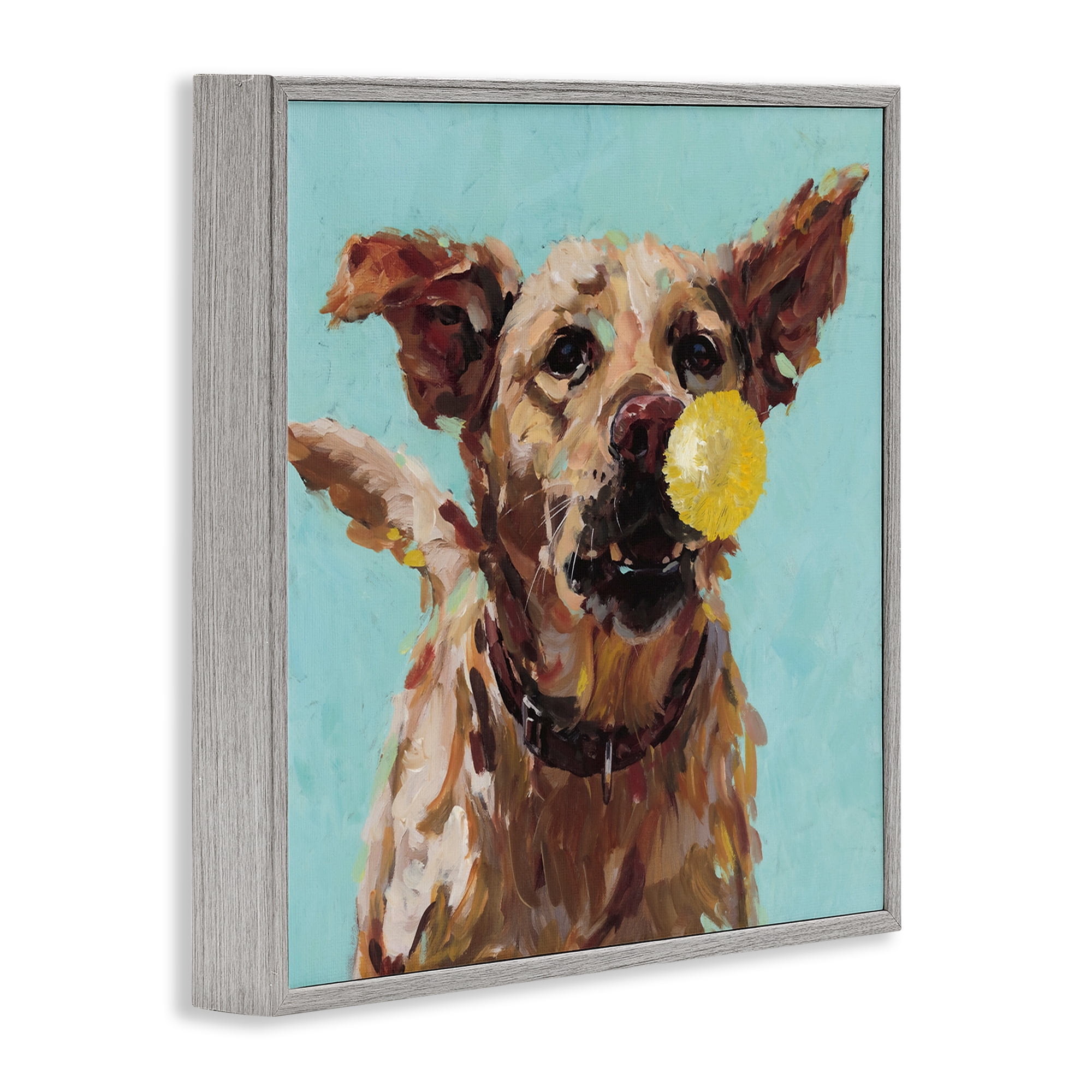 Dog Playing with Ball Gray Framed Giclee Art, design by Studio Bautista