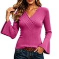 thumbnail image 4 of CQONEPT Womens Ribbed Knit Bell Sleeve Tops Plain Slim Fit V Neck Blouses Dressy Casual Going Out Shirt Tees Daily Wear Work Office Fall Outfits L, 4 of 7