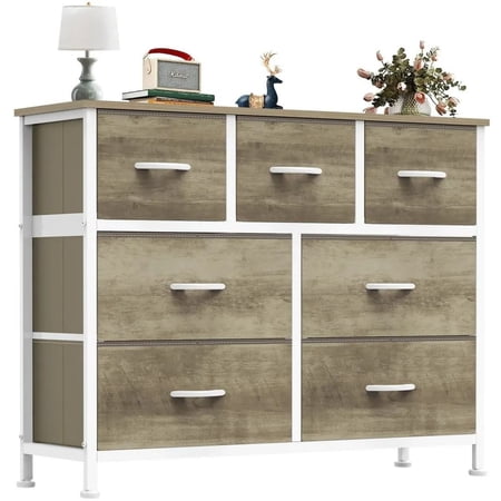 YOQIANG 7 Drawer Fabric Dresser Multi-Size Storage Chest with Steel Frame Wood Top Multifunctional Organizer Cabinet for Bedroom Living Room Closet & Nursery