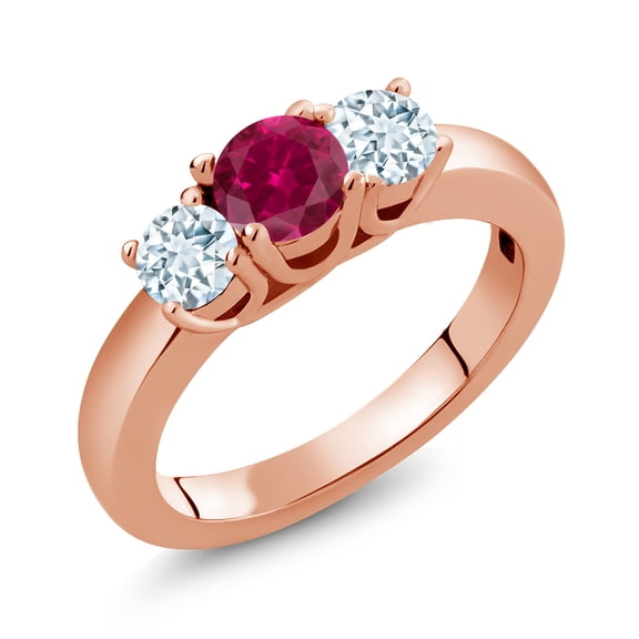 Gem Stone King 1.50 Ct Red Created Ruby Sky Blue Aquamarine 18K Rose Gold Plated Silver Classic 3-Stone Ring for Women (Size 6)