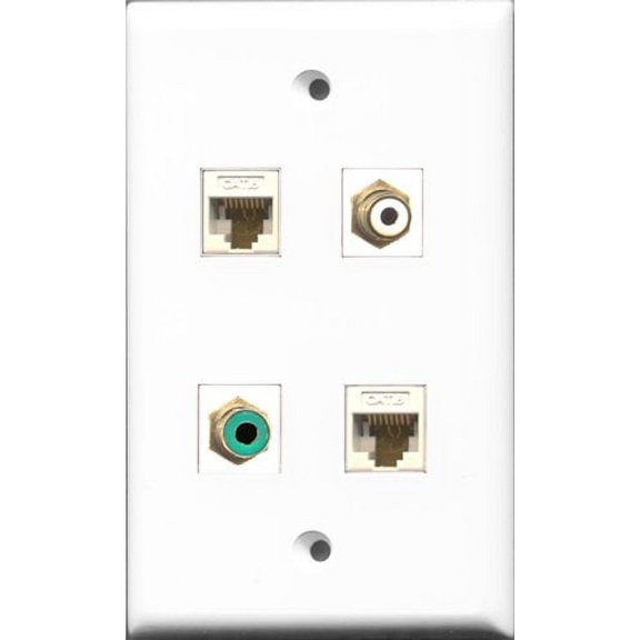 RiteAV 1 Port RCA White and 1 Port RCA Green 2 Port Cat6 Ethernet White Wall Plate