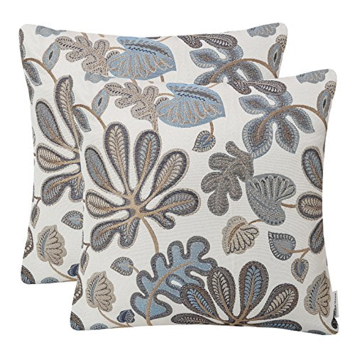 Mika Home Ensemble de 2 Housses de Coussin Motif Feuille Tropicale Jacquard, Taie d'Oreiller Décorative 22X22 Pouces, Bleu Crème