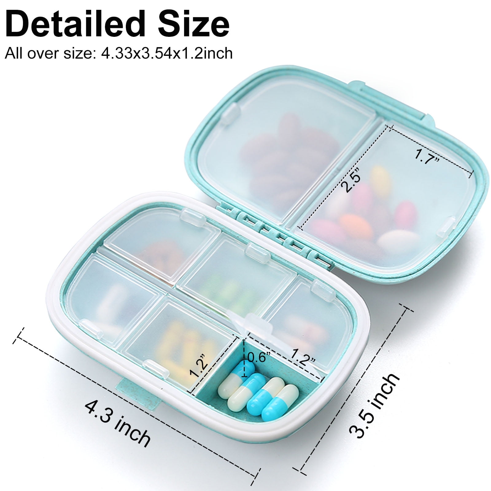 Travel Pill Organizer Large Portable Medication Fullicon Oversize 8 Compartment Pill Box, Vitamin Travel Case Pill Holder - Airtight & Moistureproof