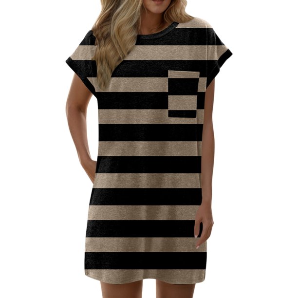 Vestido informal de verano con estampado de rayas para mujer - Vestido de playa holgado de manga corta y cuello redondo con bolsillos - Mezcla transpirable hasta la rodilla