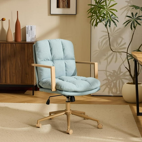 CZMJY Comfy Linen Office Desk Chair With Wheels &Detachable Cushions& Wood-like Armrests,Swivel Small Computer Task Chair,Adjustable for Girl Makeup Vanity,Teen/Kids Study,Nail Tech,Sewing,Teel Green