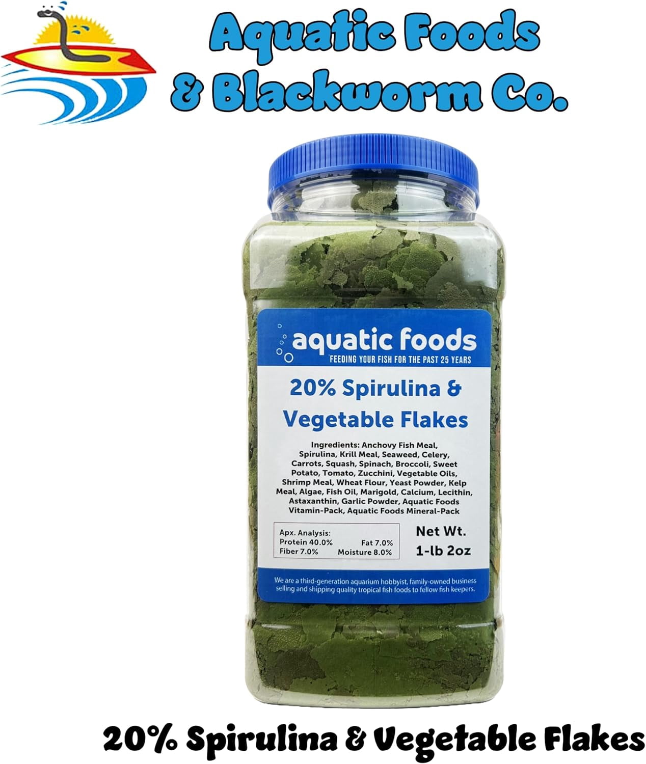 Aquatic Foods Inc. Premium Spirulina & Vegetable Flakes with 20% Spirulina for African Cichlids, Angle Fish, All Tropical Fish also Pellet Mix, Wafer Mix Included…1-lb 2oz