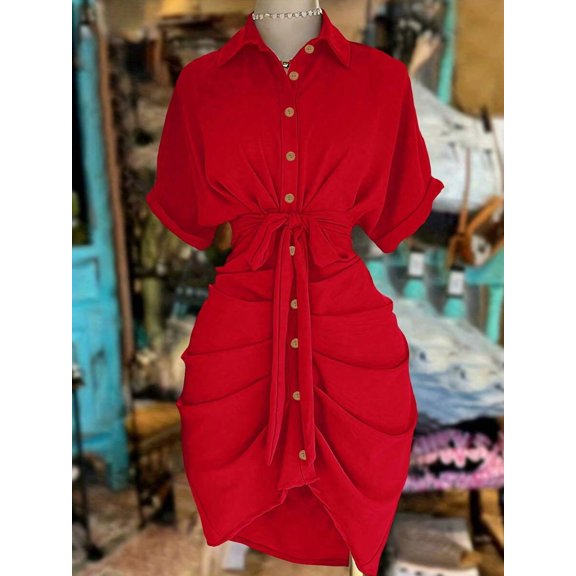 Red Collared Single-Breasted Tie-Waist Short Sleeve Shirt Dress With Ruched Detail
