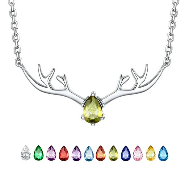 Collar de plata para mujer Silvora Collares con colgante único de cuerno de ciervo Cristal sintético Piedra natalicio Regalos de Navidad para mamá, hija, esposa