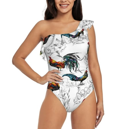 Uemuo Cool Chicken Print Women s One Piece Swimsuit Asymmetrical Neck Bathing Suit One Shoulder Side Cutout Ruffle Swimwear-Small
