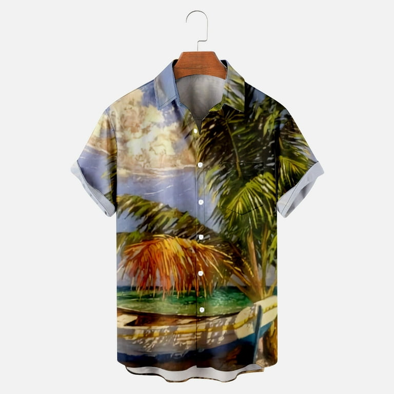 Vsssj Hawaiian Shirts for Men Relaxed Fit Tropical Palm Tree Sunset Print Short Sleeve Button Down Tees Summer Vacation Casual Tops Orange S, Men's