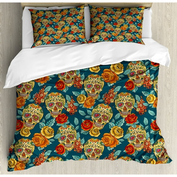 Sugar Skull Duvet Cover Set, Skulls Diamond Shapes in Eyes Roses Bouquets Colorful Pattern Print, Decorative 3 Piece Bedding Set with 2 Pillow Shams, Calking Size, Multicolor, by Ambesonne