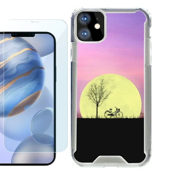 For Apple iPhone 12 Case, iPhone 12 Pro Case, Hybrid Bumper Phone case, with Tempered Glass Screen Protector, by OneToughShield ® - Moonlight Bike