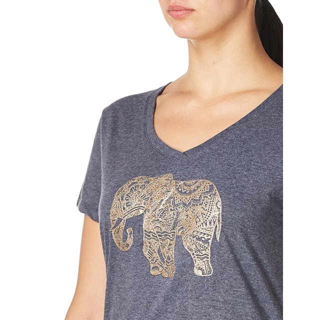 Hanes 00617914394080 Womens Pattern Elephant Short Sleeve V-Neck Tee, Navy Heather - Large